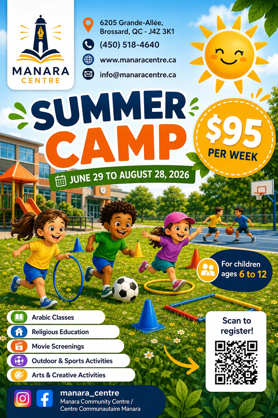 Poster — Summer Camp 2026 at Manara Centre, June 29 to August 28, for children ages 6 to 12, $95 per week.