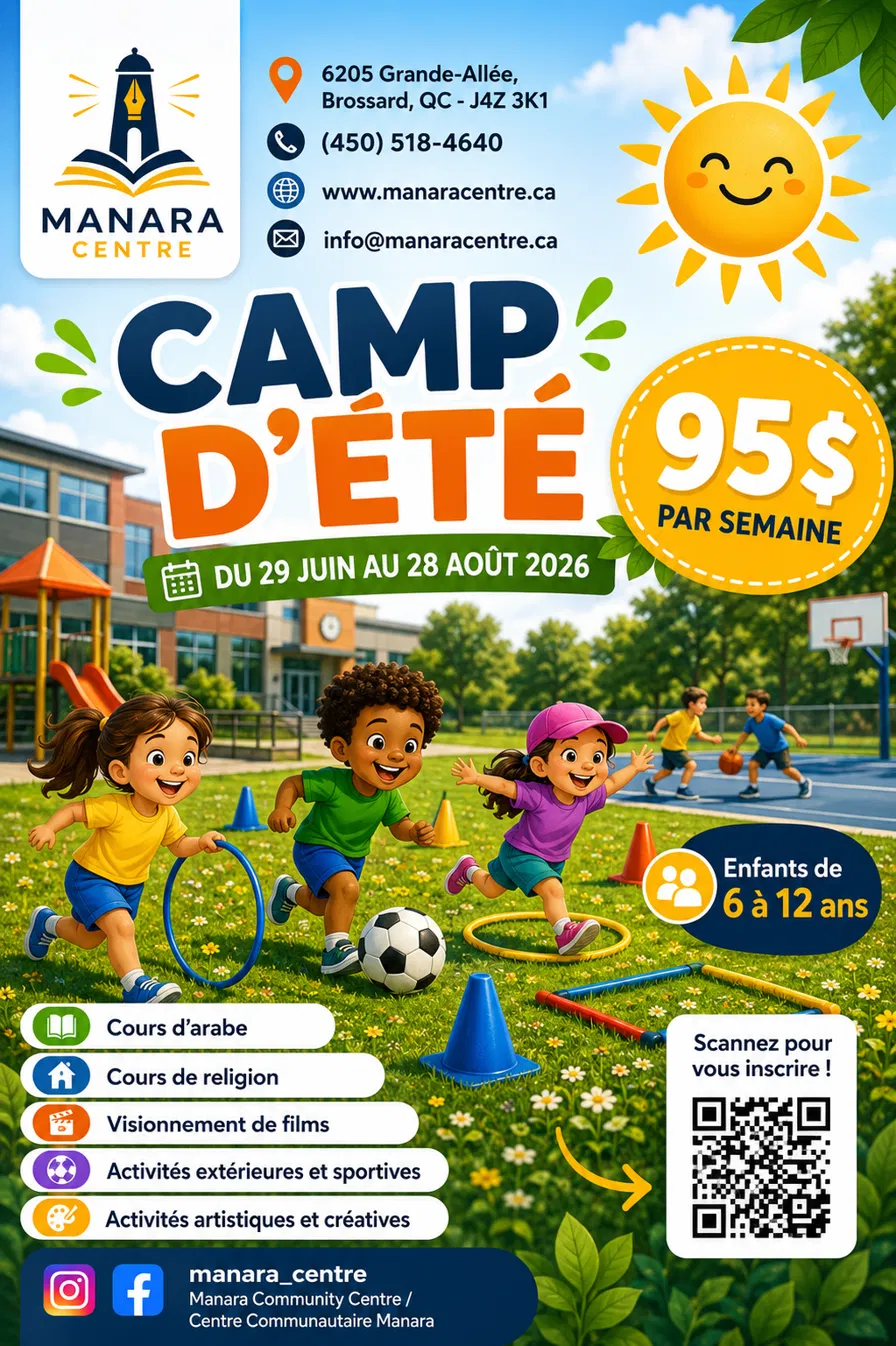 Affiche — Camp d'été 2026 au Centre Manara, du 29 juin au 28 août, pour les enfants de 6 à 12 ans, 95$ par semaine.