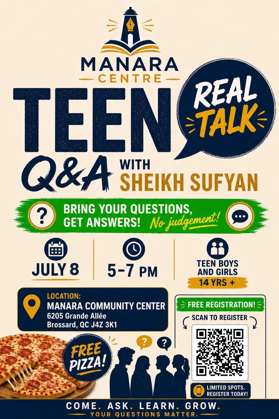 Teen Q&A poster — Real Talk with Sheikh Sufyan, Wednesday July 8, 2026, 5–7pm, at Manara Center